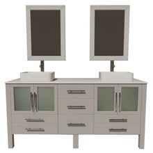 Load image into Gallery viewer, Cambridge Plumbing 8119XLG 72&quot; Double Bathroom Vanity in Gray with White Porcelain Top and Vessel Sinks, Matching Mirrors, Front View with Brushed Nickel Faucets
