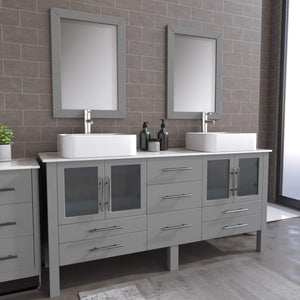 Cambridge Plumbing 8119XLG 72" Double Bathroom Vanity in Gray with White Porcelain Top and Vessel Sinks, Matching Mirrors, Angled Rendering