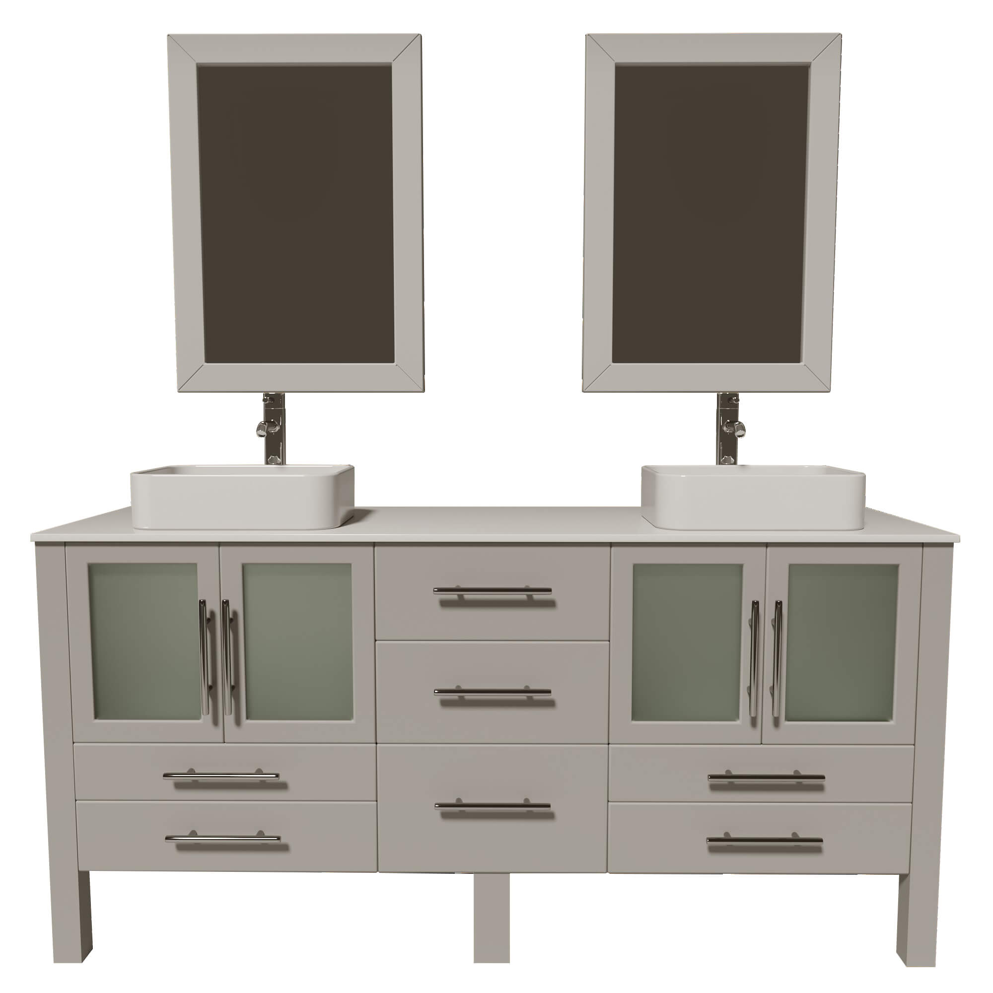 Cambridge Plumbing 8119XLG 72" Double Bathroom Vanity in Gray with White Porcelain Top and Vessel Sinks, Matching Mirrors, Front View with Chrome Faucets