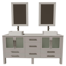 Load image into Gallery viewer, Cambridge Plumbing 8119XLG 72&quot; Double Bathroom Vanity in Gray with White Porcelain Top and Vessel Sinks, Matching Mirrors, Front View with Chrome Faucets