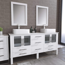 Load image into Gallery viewer, Cambridge Plumbing 8119XLW 72&quot; Double Bathroom Vanity in White with White Porcelain Top and Vessel Sinks, Matching Mirrors, Angled Rendering