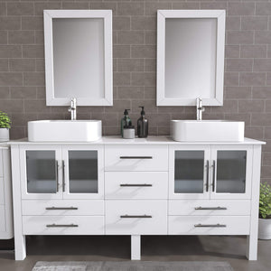 Cambridge Plumbing 8119XLW 72" Double Bathroom Vanity in White with White Porcelain Top and Vessel Sinks, Matching Mirrors, Rendered