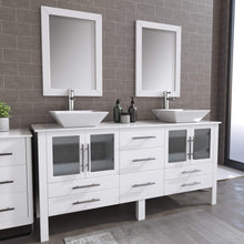 Load image into Gallery viewer, Cambridge Plumbing 8119XLWF 72&quot; Double Bathroom Vanity in White with White Porcelain Top and Vessel Sinks, Matching Mirrors, Angled Rendering