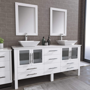 Cambridge Plumbing 8119XLWF 72" Double Bathroom Vanity in White with White Porcelain Top and Vessel Sinks, Matching Mirrors, Angled Rendering