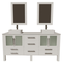 Load image into Gallery viewer, Cambridge Plumbing 8119XLW 72&quot; Double Bathroom Vanity in White with White Porcelain Top and Vessel Sinks, Matching Mirrors, Front View with Chrome Faucets