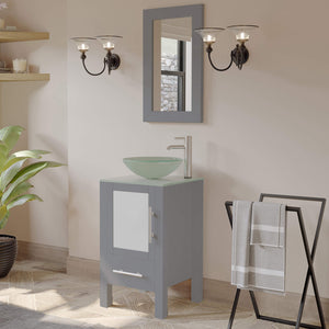 Cambridge Plumbing 8137BG 18" Single Bathroom Vanity in Gray with Tempered Glass Top and Vessel Sink, Matching Mirror, Angled View with Brushed Nickel Faucet