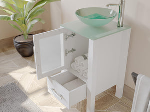 Cambridge Plumbing 8137BW 18" Single Bathroom Vanity in White with Tempered Glass Top and Vessel Sink, Matching Mirror, Open Door and Drawer