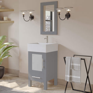 Cambridge Plumbing 8137G 18" Single Bathroom Vanity in Gray with White Porcelain Top and Vessel Sink, Matching Mirror Rendered