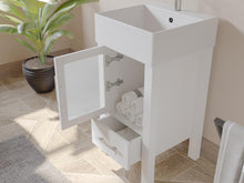 Load image into Gallery viewer, Cambridge Plumbing 8137W 18&quot; Single Bathroom Vanity in White with White Porcelain Top and Vessel Sink, Matching Mirror, Open Door and Drawer