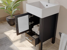 Load image into Gallery viewer, Cambridge Plumbing 8137 18&quot; Single Bathroom Vanity in Espresso with White Porcelain Top and Vessel Sink, Matching Mirror, Open Door and Drawer