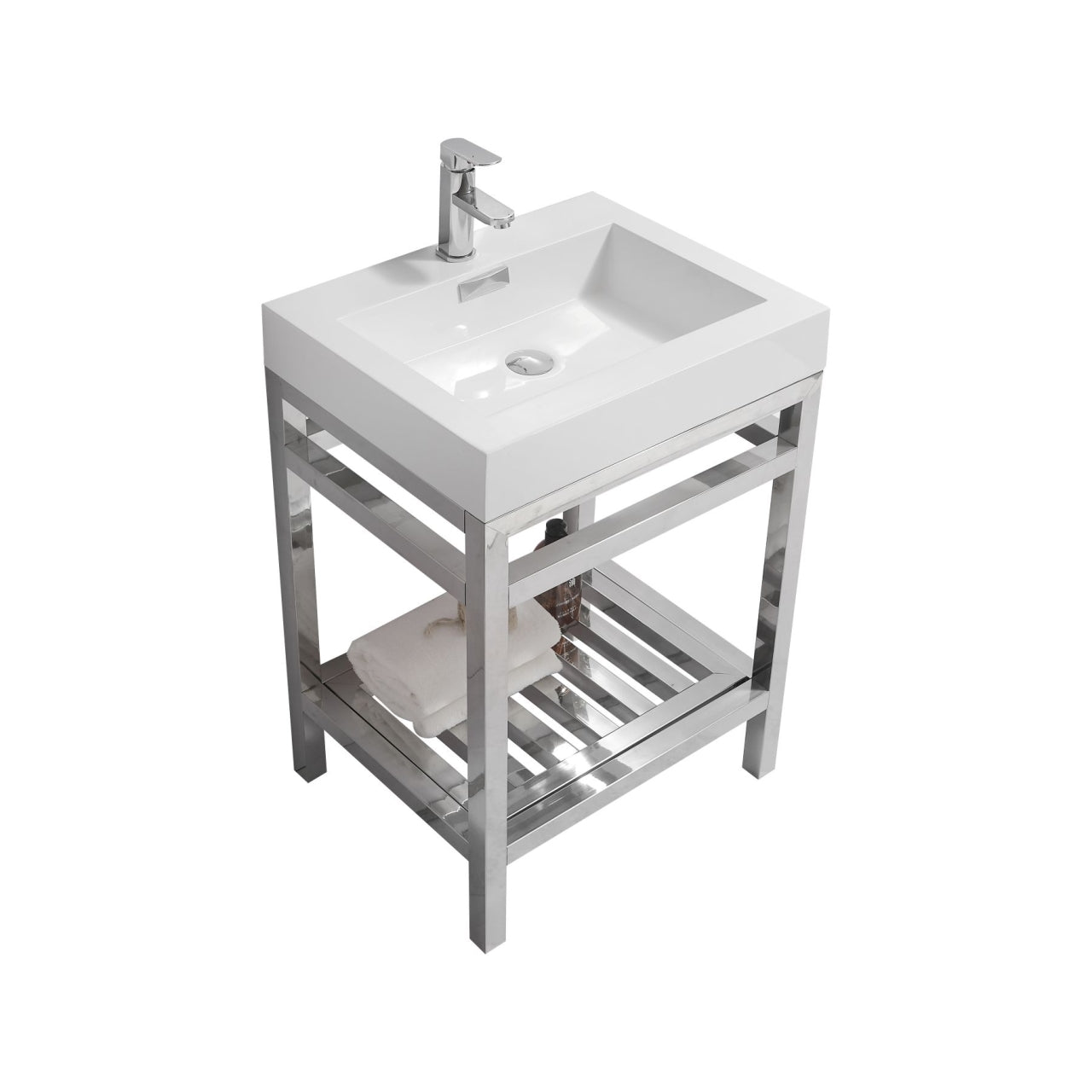 KUBEBATH Cisco AC24 24" Single Bathroom Vanity in Chrome with White Acrylic Composite, Integrated Sink, Angled View