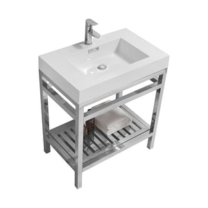 KUBEBATH Cisco AC30 30" Single Bathroom Vanity in Chrome with White Acrylic Composite, Integrated Sink, Angled View