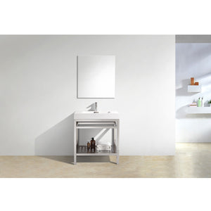 KUBEBATH Cisco AC30 30" Single Bathroom Vanity in Chrome with White Acrylic Composite, Integrated Sink, Rendered Front View