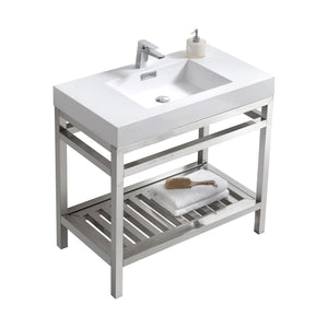 KUBEBATH Cisco AC36 36" Single Bathroom Vanity in Chrome with White Acrylic Composite, Integrated Sink, Angled View