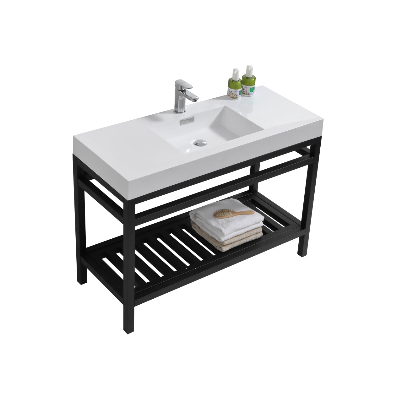 KUBEBATH Cisco AC48-BK 48" Single Bathroom Vanity in Matte Black with White Acrylic Composite, Integrated Sink, Angled View