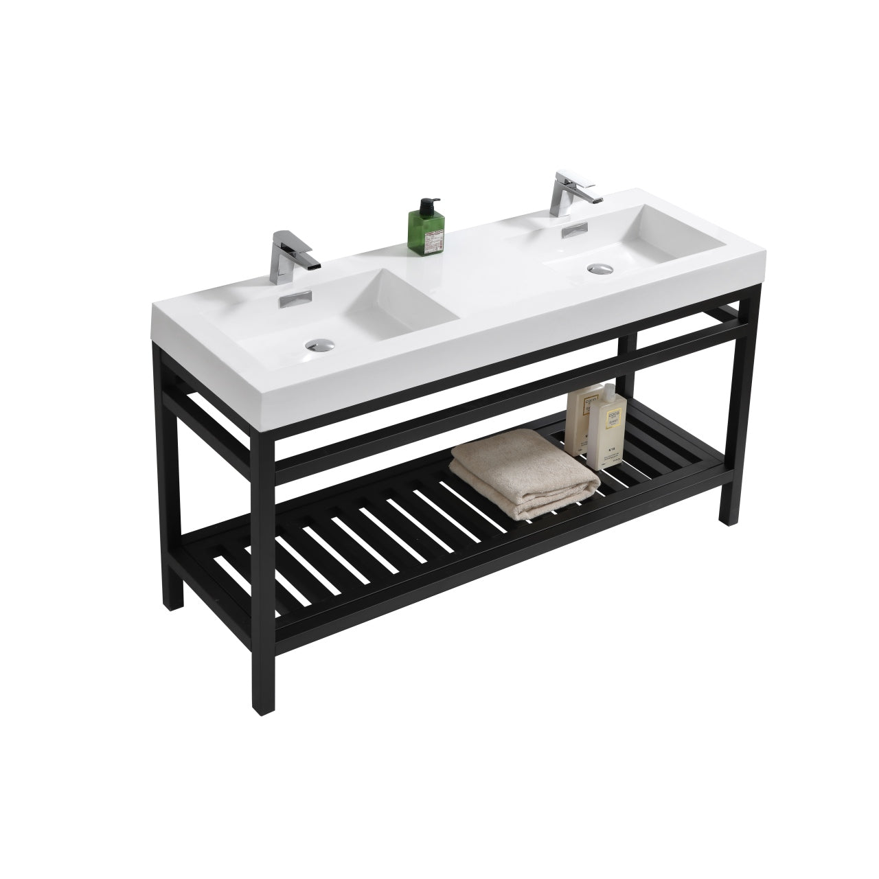 KUBEBATH Cisco AC60D-BK 60" Double Bathroom Vanity in Black with White Acrylic Composite, Integrated Sink, Angled View