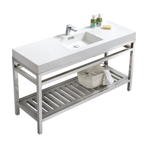 KUBEBATH Cisco AC60S 60" Single Bathroom Vanity in Chrome with White Acrylic Composite, Integrated Sink, Angled View