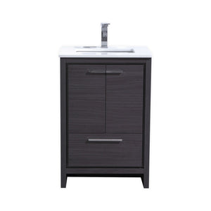 KUBEBATH Dolce AD624WB 24" Single Bathroom Vanity in Gray Oak with White Quartz, Rectangle Sink, Front View