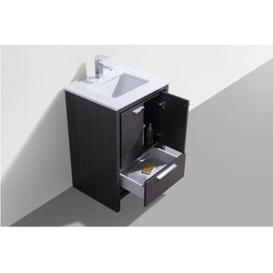 KUBEBATH Dolce AD624WB 24" Single Bathroom Vanity in Gray Oak with White Quartz, Rectangle Sink, Open Door and Drawer