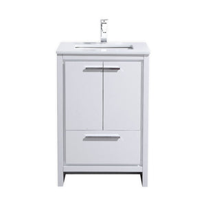 KUBEBATH Dolce AD624GW 24" Single Bathroom Vanity in High Gloss White with White Quartz, Rectangle Sink, Front View