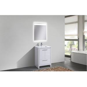 KUBEBATH Dolce AD624GW 24" Single Bathroom Vanity in High Gloss White with White Quartz, Rectangle Sink, Rendered Angled View