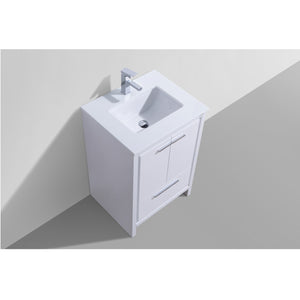 KUBEBATH Dolce AD624GW 24" Single Bathroom Vanity in High Gloss White with White Quartz, Rectangle Sink, Top Angled View with Countertop