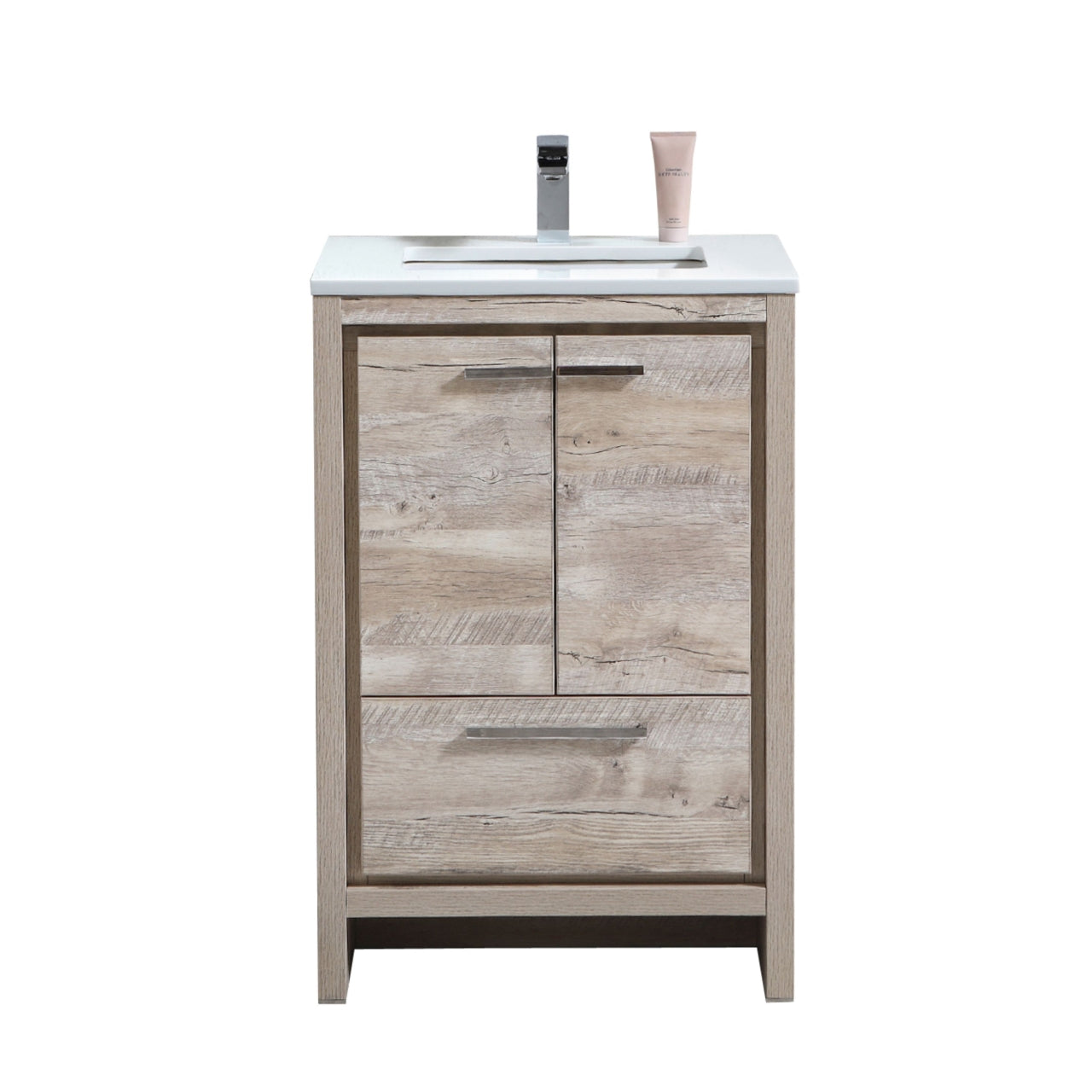 KUBEBATH Dolce AD624NW 24" Single Bathroom Vanity in Nature Wood with White Quartz, Rectangle Sink, Front View