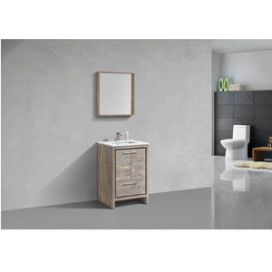 KUBEBATH Dolce AD624NW 24" Single Bathroom Vanity in Nature Wood with White Quartz, Rectangle Sink, Rendered Angled View