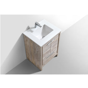KUBEBATH Dolce AD624NW 24" Single Bathroom Vanity in Nature Wood with White Quartz, Rectangle Sink, Top Angled View and Countertop
