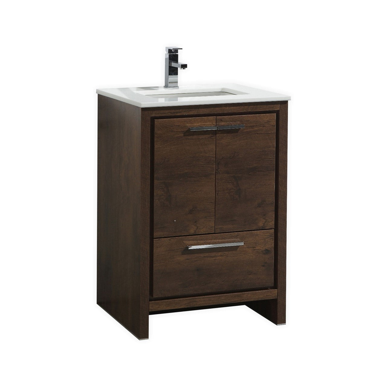 KUBEBATH Dolce AD624RW 24" Single Bathroom Vanity in Rosewood with White Quartz, Rectangle Sink, Angled View