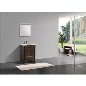 KUBEBATH Dolce AD624RW 24" Single Bathroom Vanity in Rosewood with White Quartz, Rectangle Sink, Rendered Angled View
