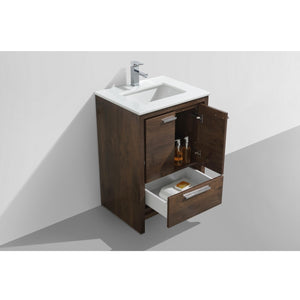 KUBEBATH Dolce AD624RW 24" Single Bathroom Vanity in Rosewood with White Quartz, Rectangle Sink, Open Door and Drawer