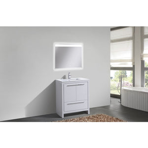 KUBEBATH Dolce AD630GW 30" Single Bathroom Vanity in High Gloss White with White Quartz, Rectangle Sink, Rendered Angled View