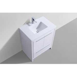 KUBEBATH Dolce AD630GW 30" Single Bathroom Vanity in High Gloss White with White Quartz, Rectangle Sink, Top Angled View and Countertop