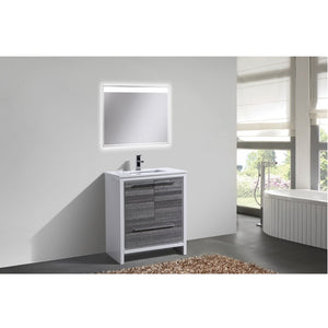 KUBEBATH Dolce AD630HG 30" Single Bathroom Vanity in Ash Gray with White Quartz, Rectangle Sink, Rendered Angled View