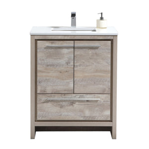 KUBEBATH Dolce AD630NW 30" Single Bathroom Vanity in Nature Wood with White Quartz, Rectangle Sink, Front View