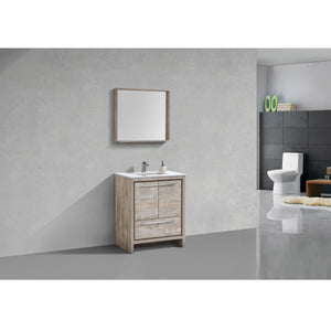 KUBEBATH Dolce AD630NW 30" Single Bathroom Vanity in Nature Wood with White Quartz, Rectangle Sink, Rendered Angled View