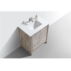 KUBEBATH Dolce AD630NW 30" Single Bathroom Vanity in Nature Wood with White Quartz, Rectangle Sink, Top Angled View and Countertop