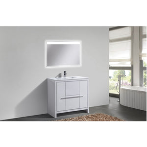 KUBEBATH Dolce AD636GW 36" Single Bathroom Vanity in High Gloss White with White Quartz, Rectangle Sink, Rendered Angled View