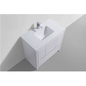 KUBEBATH Dolce AD636GW 36" Single Bathroom Vanity in High Gloss White with White Quartz, Rectangle Sink, Top Angled View and Countertop