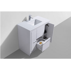 KUBEBATH Dolce AD636GW 36" Single Bathroom Vanity in High Gloss White with White Quartz, Rectangle Sink, Open Door and Drawer