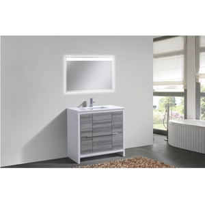 KUBEBATH Dolce AD636HG 36" Single Bathroom Vanity in Ash Gray with White Quartz, Rectangle Sink, Rendered Angled View