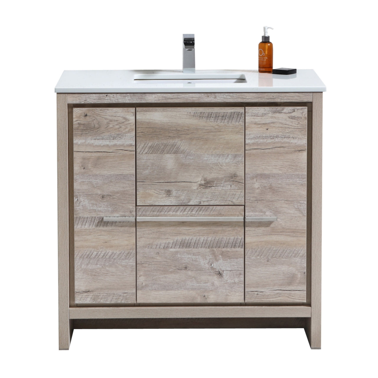KUBEBATH Dolce AD636NW 36" Single Bathroom Vanity in Nature Wood with White Quartz, Rectangle Sink, Front View