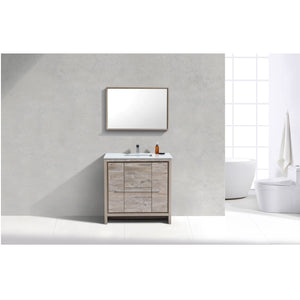 KUBEBATH Dolce AD636NW 36" Single Bathroom Vanity in Nature Wood with White Quartz, Rectangle Sink, Rendered Front View