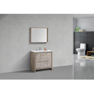 KUBEBATH Dolce AD636NW 36" Single Bathroom Vanity in Nature Wood with White Quartz, Rectangle Sink, Rendered Angled View