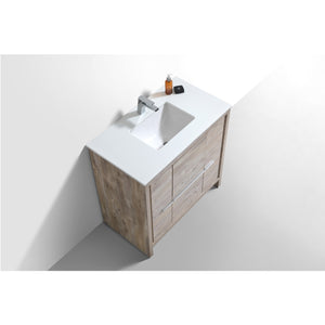 KUBEBATH Dolce AD636NW 36" Single Bathroom Vanity in Nature Wood with White Quartz, Rectangle Sink, Top Angled View and Countertop