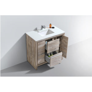 KUBEBATH Dolce AD636NW 36" Single Bathroom Vanity in Nature Wood with White Quartz, Rectangle Sink, Open Door and Drawers