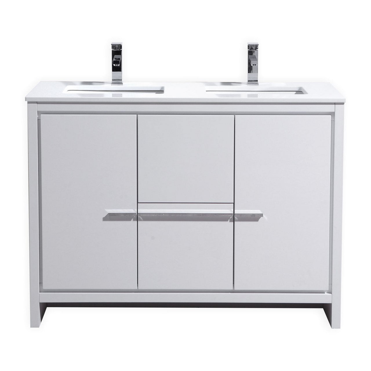 KUBEBATH Dolce AD648DGW 48" Double Bathroom Vanity in High Gloss White with White Quartz, Rectangle Sinks, Front View