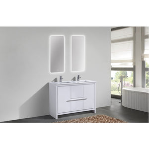 KUBEBATH Dolce AD648DGW 48" Double Bathroom Vanity in High Gloss White with White Quartz, Rectangle Sinks, Rendered Angled View