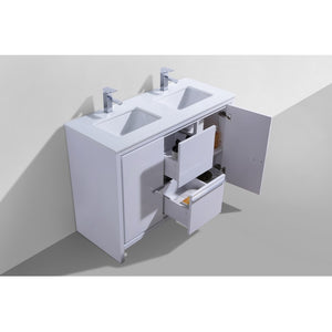 KUBEBATH Dolce AD648DGW 48" Double Bathroom Vanity in High Gloss White with White Quartz, Rectangle Sinks, Open Door and Drawers